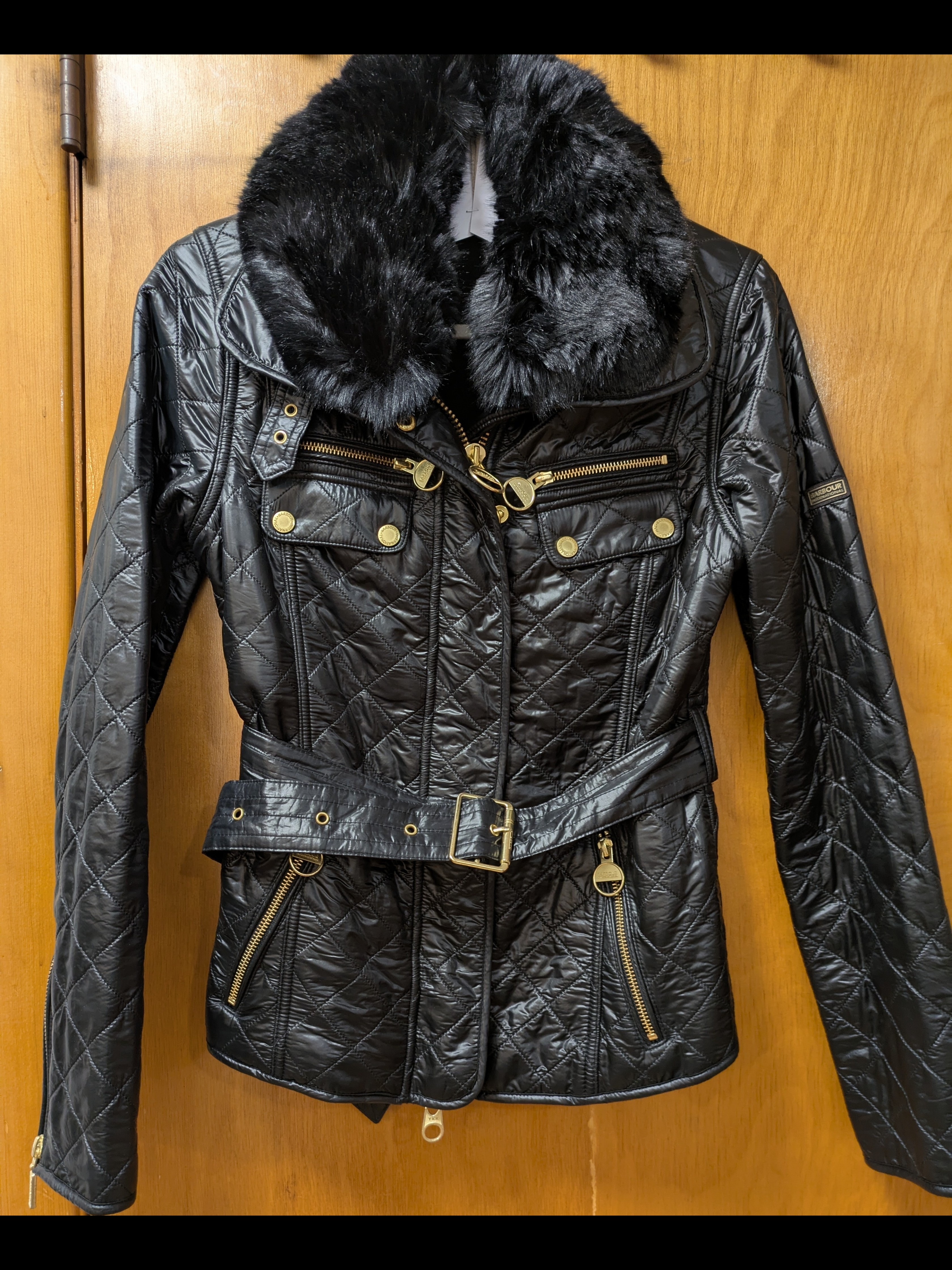 Barbour Black Quilted Belted Utility Jacket With Faux-Fur Collar